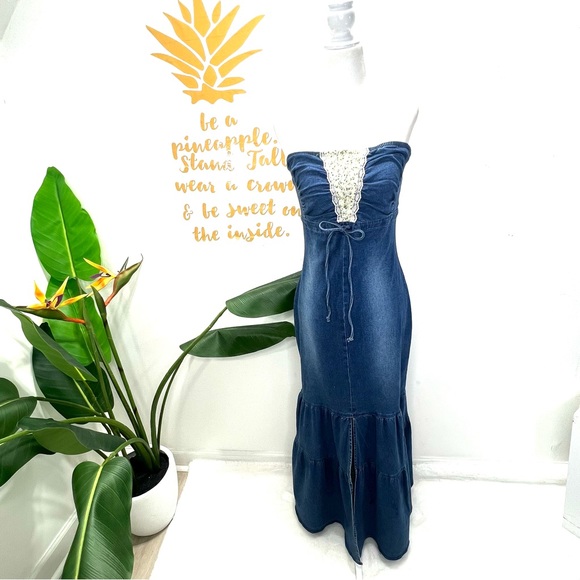 Vintage Dresses & Skirts - BEBE VINTAGE Blue Jean Strapless Ruffle Tiered Maxi Dress Y2K Denim Dress